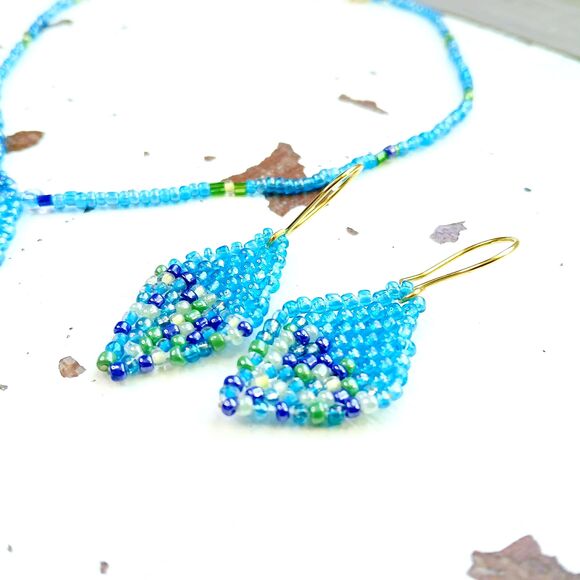 Beaded Choker & Earring Set, Blue & Green - Picture 2 of 6